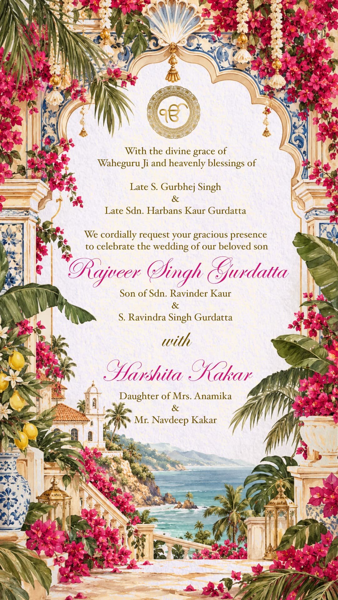 Family invitation with blessings from the families of Rajveer Singh Gurdatta and Harshita Kakar